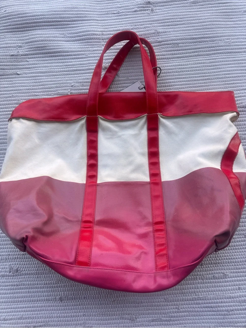 Tory Burch Ella Tote Red Canvas Beach Travel Bag Large Fair Condition